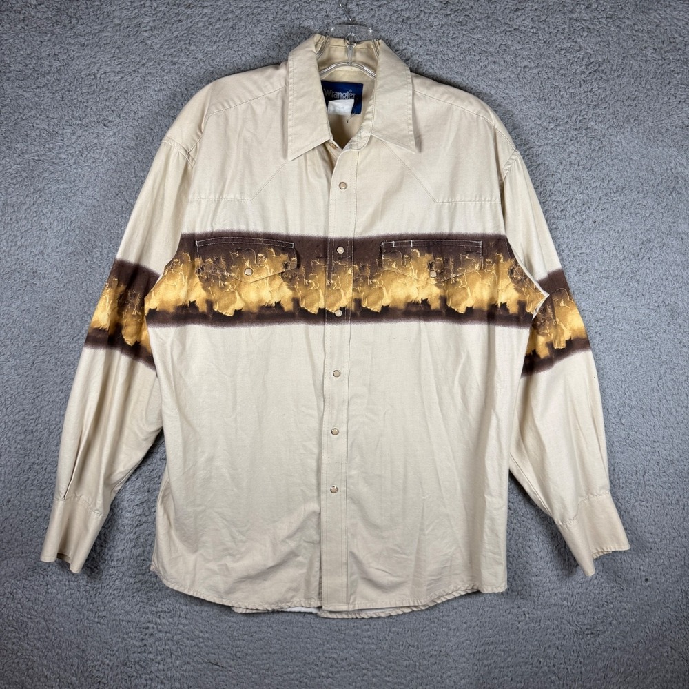 Vintage Wrangler Western Cowboy Shirt Mens L/XL Horses Graphic Pearl Snap Rodeo